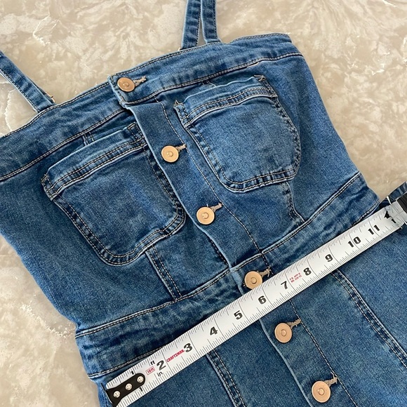 Blue jeans mini dress gold tone button front paneled a little stretch high waist - Picture 3 of 14